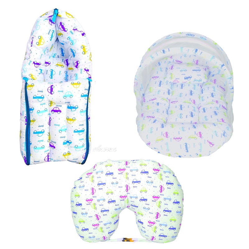 Kid's Charm مجموعة سيارات الأطفال الساحرة 3 قطع 3 في 1 سرير قطن للأطفال مع سرير محمول 5 في 1 وسادة رضاعة قطنية للأطفال مع حزام أمان 2 في 1 سرير قطن للأطفال مع شبكة للبعوض لمدة 48 شهر أزرق - Image 1