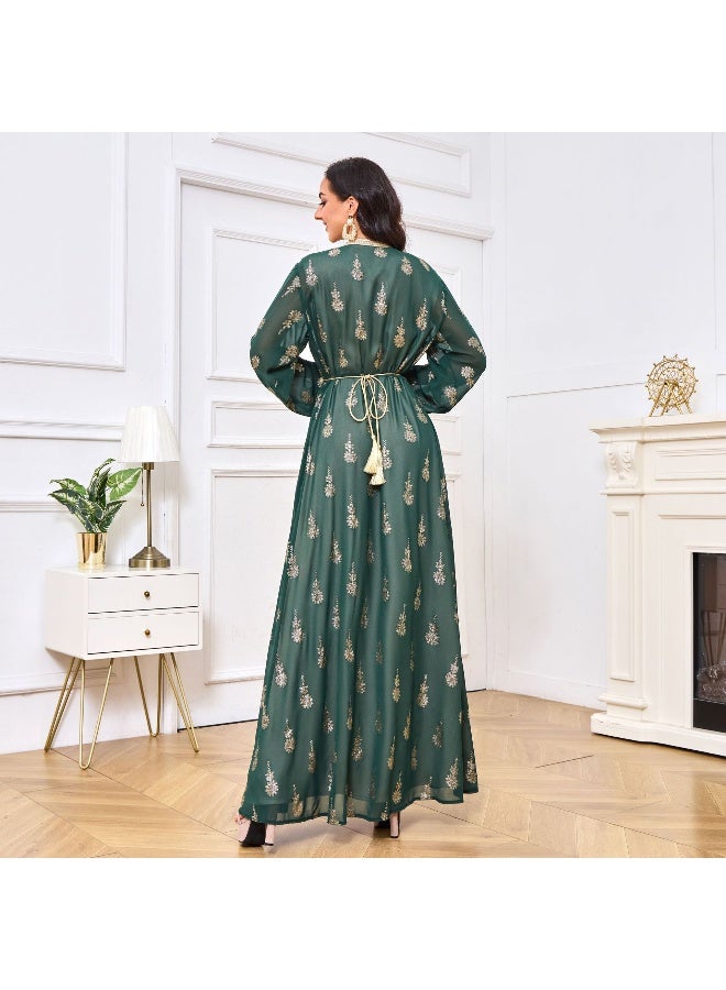Madam Uniq Dark Green Long Sleeve V-Neck Embroidered Cardigan and Vest Two-Piece Dress Set - Image 2