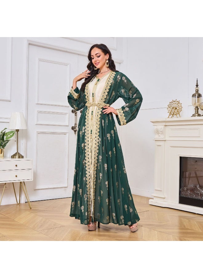 Madam Uniq Dark Green Long Sleeve V-Neck Embroidered Cardigan and Vest Two-Piece Dress Set - Image 4