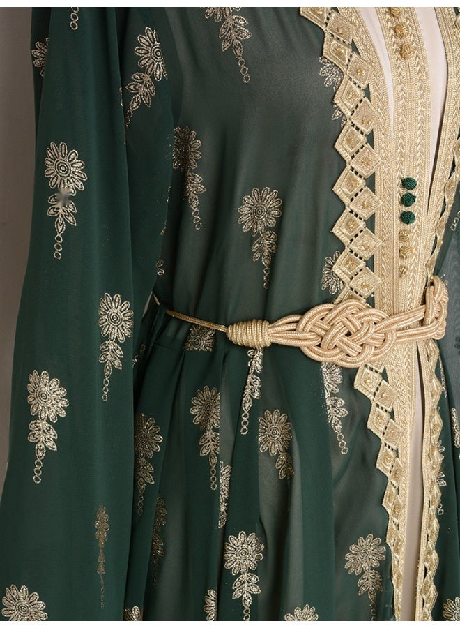 Madam Uniq Dark Green Long Sleeve V-Neck Embroidered Cardigan and Vest Two-Piece Dress Set - Image 5