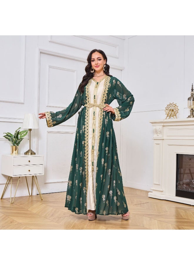 Madam Uniq Dark Green Long Sleeve V-Neck Embroidered Cardigan and Vest Two-Piece Dress Set - Image 3