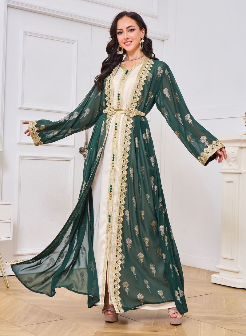Madam Uniq Dark Green Long Sleeve V-Neck Embroidered Cardigan and Vest Two-Piece Dress Set - Image 1