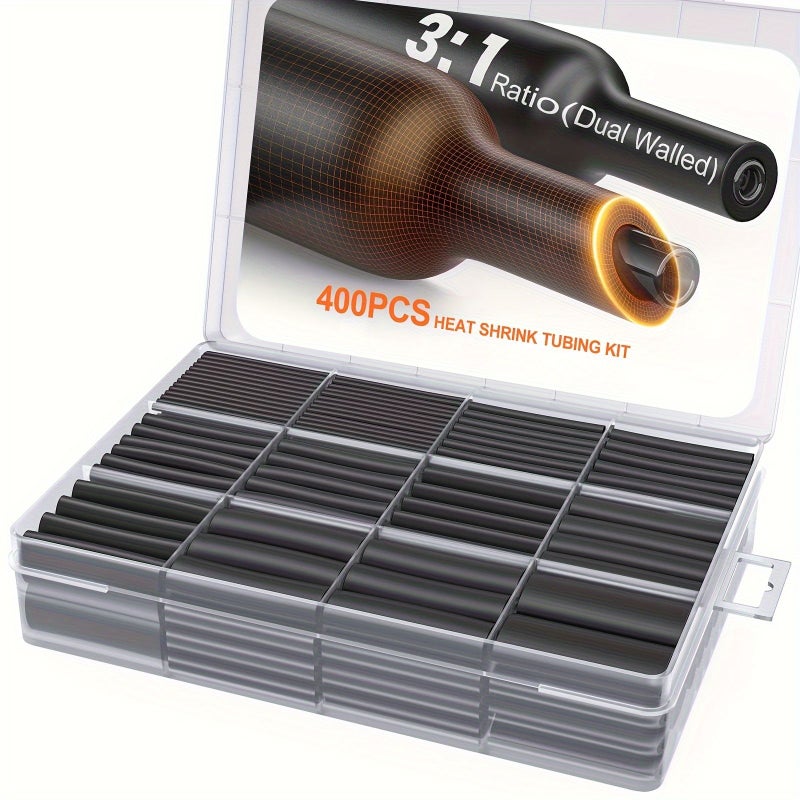 400 200 72pcs Heat Shrink Tubing Kit 3 To 1 Ratio Adhesive Lining Marine Grade Industrial Black - Image 3