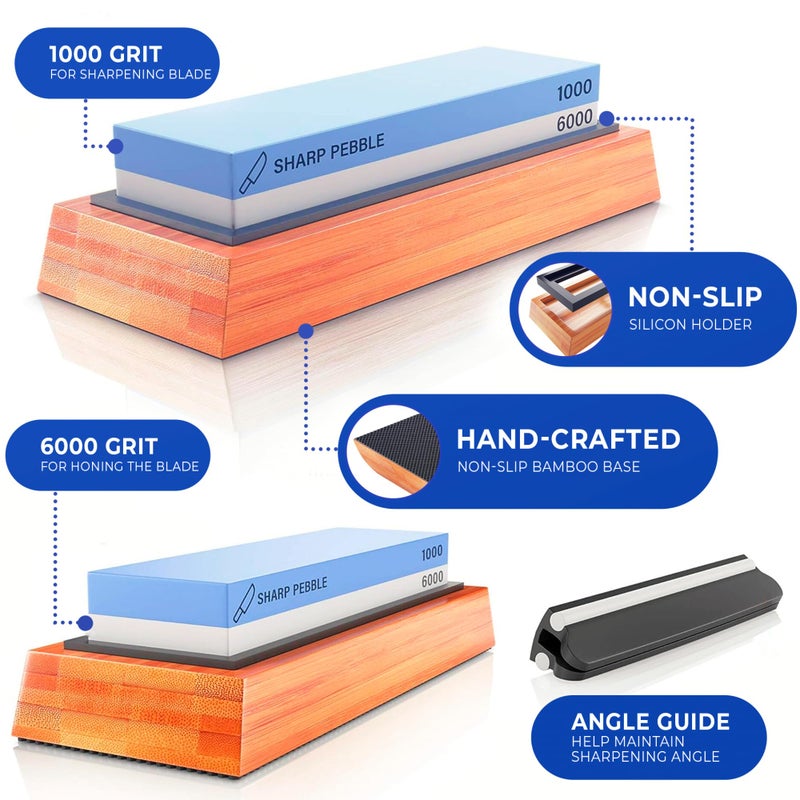 Sharp Pebble Premium Whetstone Knife Sharpening Stone 2 Side Grit 1000/6000 Waterstone- Whetstone Knife Sharpener- NonSlip Bamboo Base & Angle Guide - Image 2