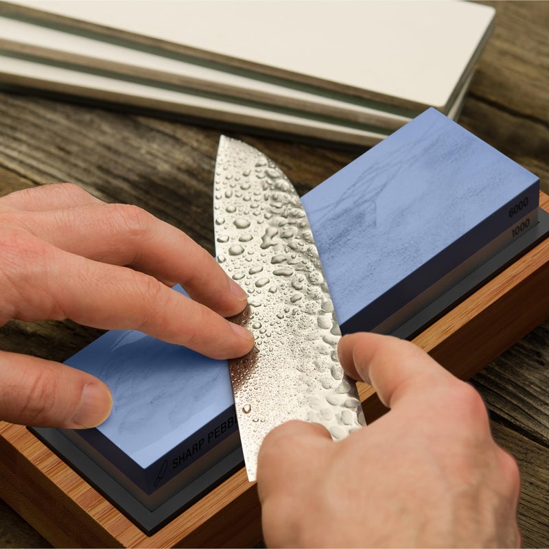 Sharp Pebble Premium Whetstone Knife Sharpening Stone 2 Side Grit 1000/6000 Waterstone- Whetstone Knife Sharpener- NonSlip Bamboo Base & Angle Guide - Image 5
