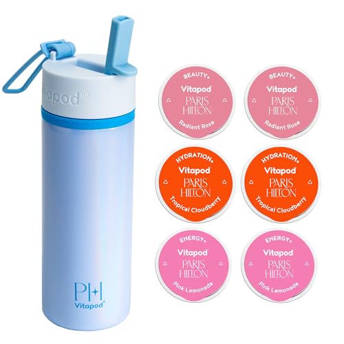 Vitapod Paris Hilton x Daily Wellness System - 22oz Pearlescent Water Bottle in Poolside Blue & 6 Drink Mix Pod Sampler, Includes BEAUTY+, HYDRATION+, and ENERGY+ Functional Drink Mix Pods - Image 1