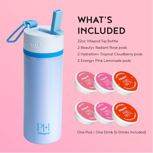 Vitapod Paris Hilton x Daily Wellness System - 22oz Pearlescent Water Bottle in Poolside Blue & 6 Drink Mix Pod Sampler, Includes BEAUTY+, HYDRATION+, and ENERGY+ Functional Drink Mix Pods - Image 2