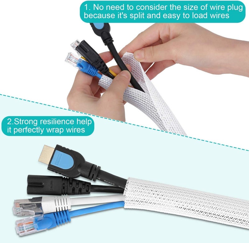 ZhiYo 6.6ft - 1.2 inch White Cable Sleeve, Cable Organizer for Desk PC TV Computer, Wire Protector Cable Wrap Cover, Cord Management for Home Office - Image 3