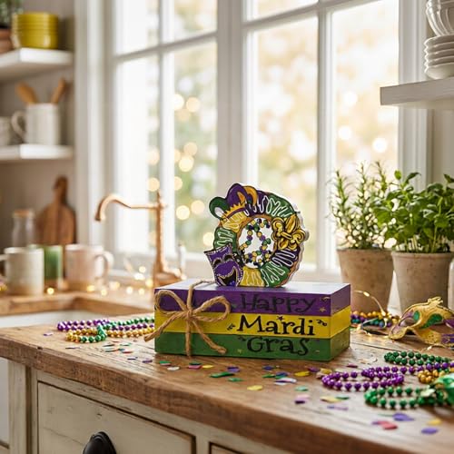 Sm:)e Smile Mardi Gras Wooden Decor, Wreath Mask & Fleur - de - Lis Books, Mardi Gras Indoor Decoration - Image 4