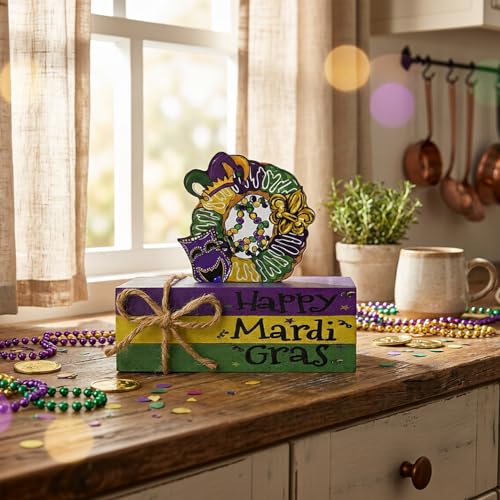Sm:)e Smile Mardi Gras Wooden Decor, Wreath Mask & Fleur - de - Lis Books, Mardi Gras Indoor Decoration - Image 5