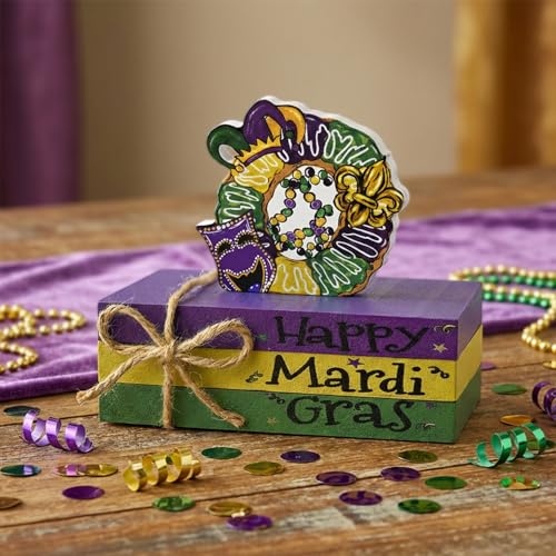 Sm:)e Smile Mardi Gras Wooden Decor, Wreath Mask & Fleur - de - Lis Books, Mardi Gras Indoor Decoration - Image 3