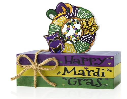 Sm:)e Smile Mardi Gras Wooden Decor, Wreath Mask & Fleur - de - Lis Books, Mardi Gras Indoor Decoration - Image 1