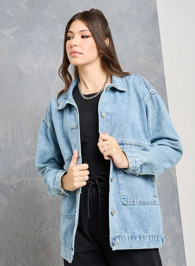 Take Two Flap Pocket Detail Oversized Denim Jacket