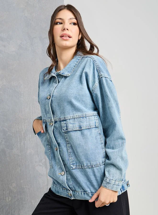 Take Two Flap Pocket Detail Oversized Denim Jacket