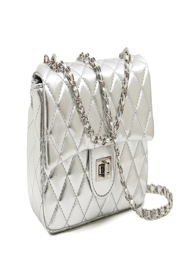 FEVERSOLE Crossbody Bag Vegan Leather Women Retro Small Saddle Satchel Shoulder Bag Tote With Long Adjustable Strap Silver Quilted Metal Chain - Image 2