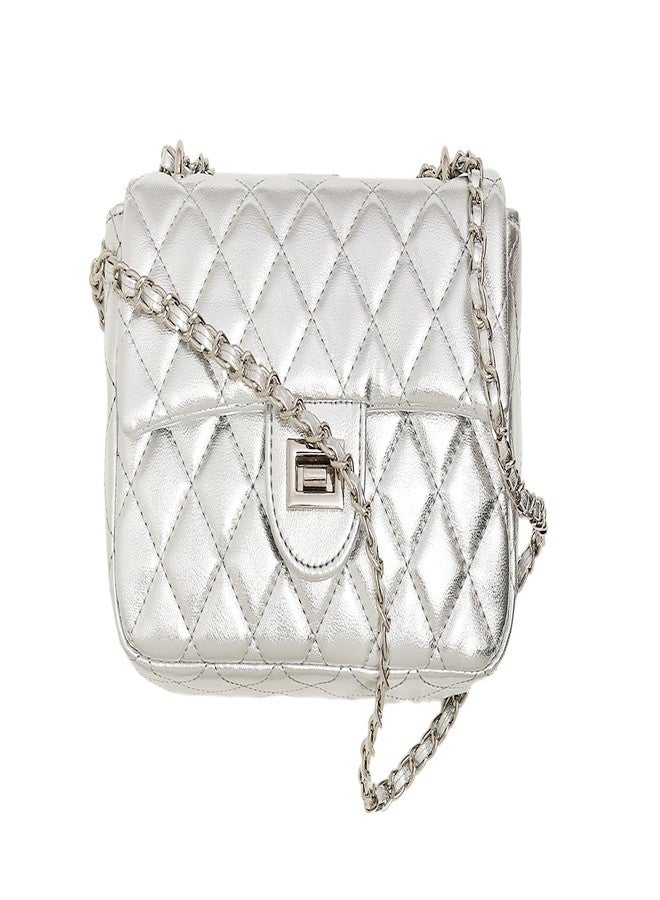 FEVERSOLE Crossbody Bag Vegan Leather Women Retro Small Saddle Satchel Shoulder Bag Tote With Long Adjustable Strap Silver Quilted Metal Chain - Image 1