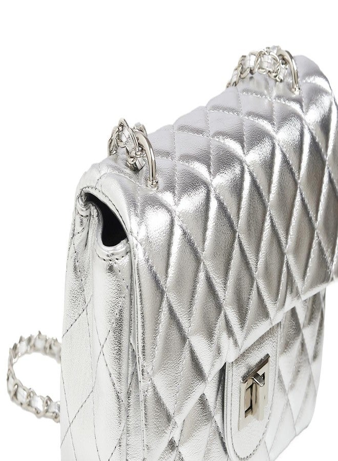 FEVERSOLE Crossbody Bag Vegan Leather Women Retro Small Saddle Satchel Shoulder Bag Tote With Long Adjustable Strap Silver Quilted Metal Chain - Image 3
