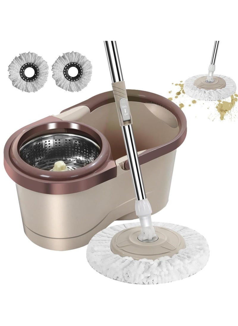 VMK GLOBAL Spin Mop For Floor Cleaning, Stainless Steel Mop and Bucket With Telescopic Handle, Hands Free Wringing, Floor Mop With 10L Large Capacity and Reusable Refills For Home Office(Brown)  - Image 1
