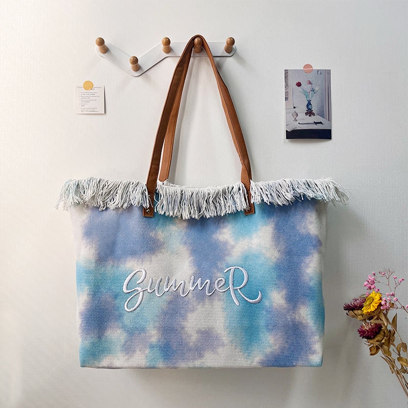 Explosions Summer Embroidered Tassel Beach Bag Large Capacity Tie-Dye Canvas Women'S Shoulder Hand Tote Bag
