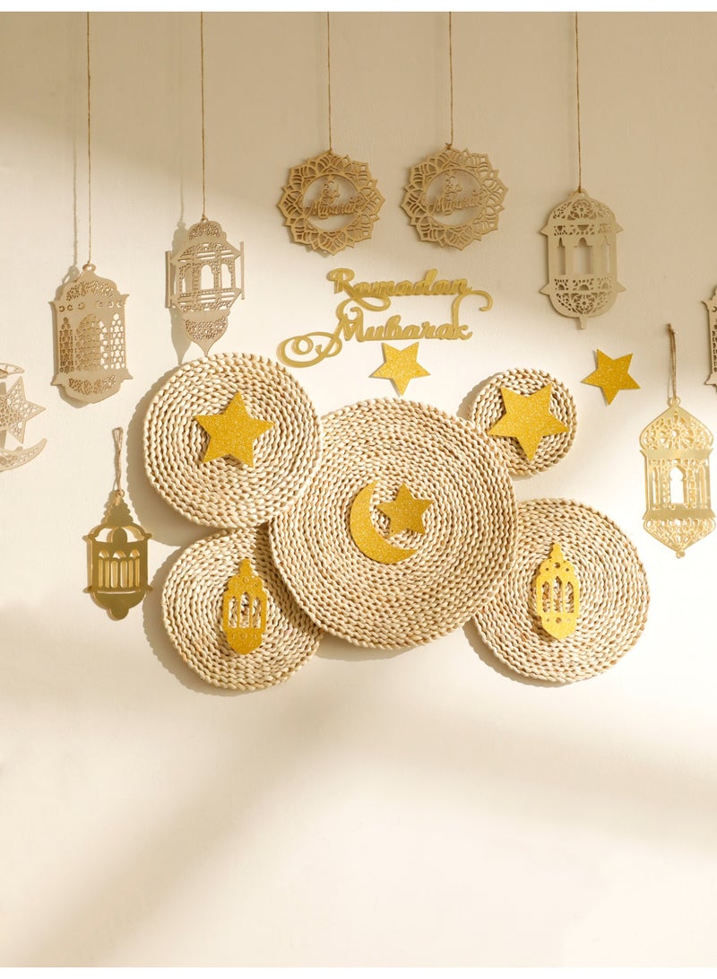 1set Woven Ramadan Wall Decor Set Islamic Home Decoration Arabic Style Rattan Wall Baskets with Moon Star Lantern Ornaments Ramadan Kareem Eid Mubarak Wall Hanging for Living Room Entryway Festive Home Styling - Image 5