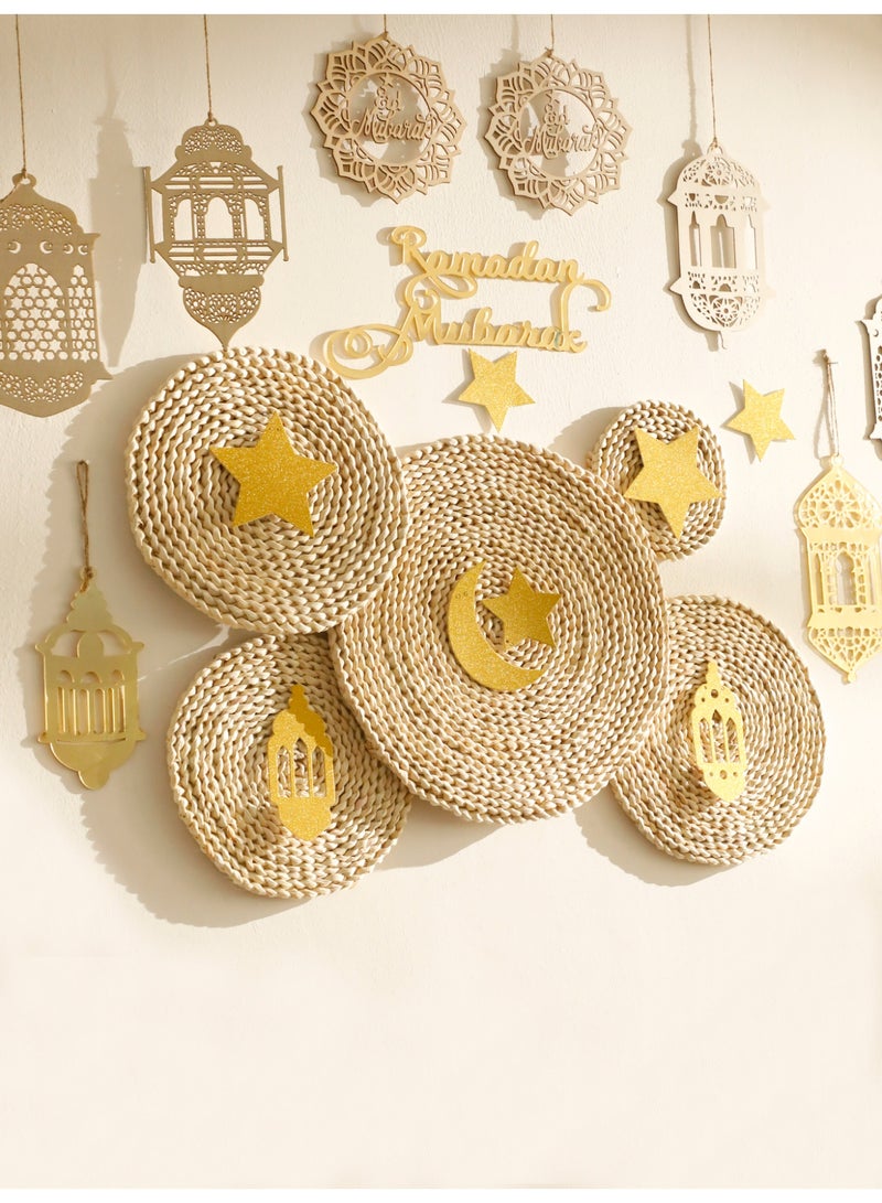 1set Woven Ramadan Wall Decor Set Islamic Home Decoration Arabic Style Rattan Wall Baskets with Moon Star Lantern Ornaments Ramadan Kareem Eid Mubarak Wall Hanging for Living Room Entryway Festive Home Styling - Image 3