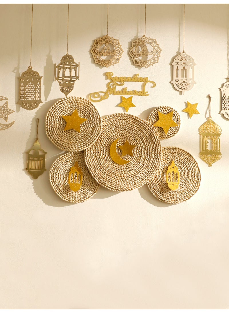 1set Woven Ramadan Wall Decor Set Islamic Home Decoration Arabic Style Rattan Wall Baskets with Moon Star Lantern Ornaments Ramadan Kareem Eid Mubarak Wall Hanging for Living Room Entryway Festive Home Styling - Image 2
