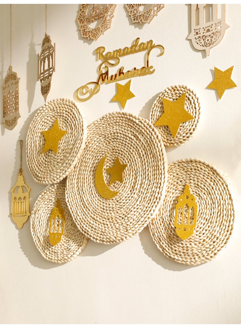 1set Woven Ramadan Wall Decor Set Islamic Home Decoration Arabic Style Rattan Wall Baskets with Moon Star Lantern Ornaments Ramadan Kareem Eid Mubarak Wall Hanging for Living Room Entryway Festive Home Styling - Image 4