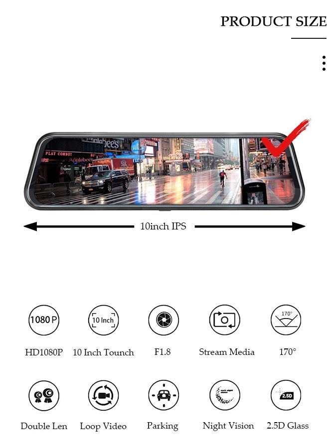دونيسو كاميرا داش للسيارة 10 بوصة مرآة رؤية ليلية 1080 بكسل FHD شاشة كاملة تعمل باللمس أمامية وخلفية لكاميرا داش للسيارات تسجيل متكرر بث وسائط زاوية واسعة 170 درجة مساعدة في الركن مع واي فاي - Image 2
