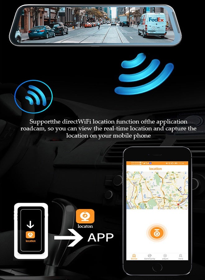 دونيسو كاميرا داش للسيارة 10 بوصة مرآة رؤية ليلية 1080 بكسل FHD شاشة كاملة تعمل باللمس أمامية وخلفية لكاميرا داش للسيارات تسجيل متكرر بث وسائط زاوية واسعة 170 درجة مساعدة في الركن مع واي فاي - Image 5