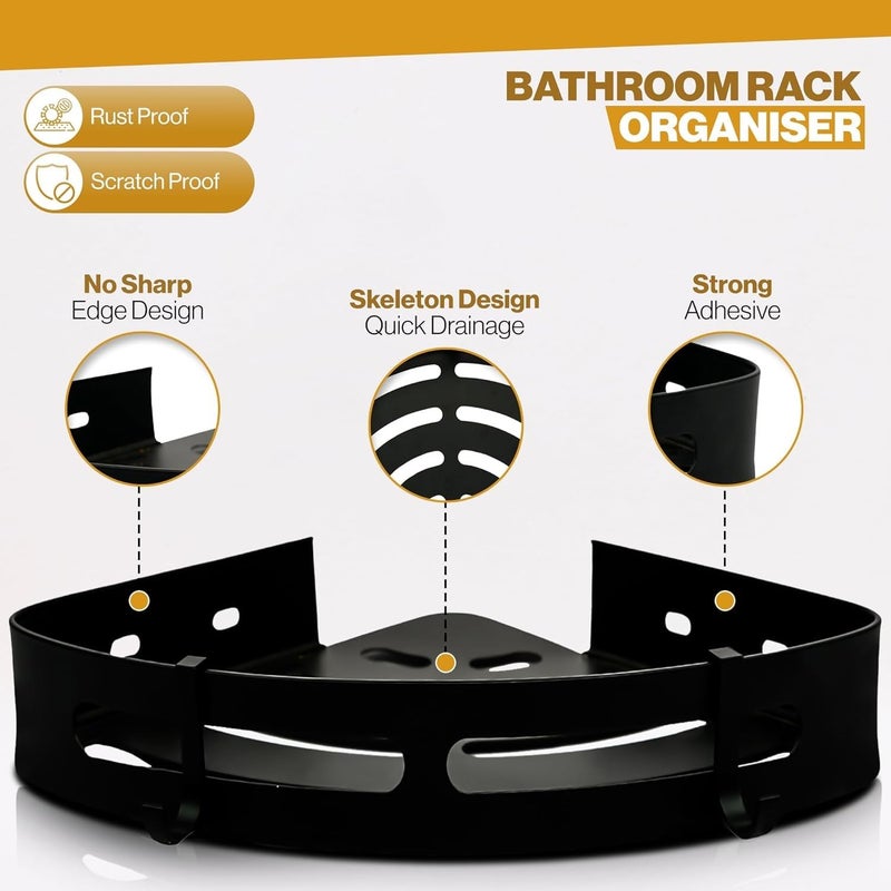 PAXCOO PAXCCO 2pcs Triangle Corner Self Adhesive Bathroom Wall Corner Shelf/Aluminium Wall Mounted Rack for Kitchen/Living Room with Removable Hooks & Magic Stickers/Bathroom Accessories - Image 4
