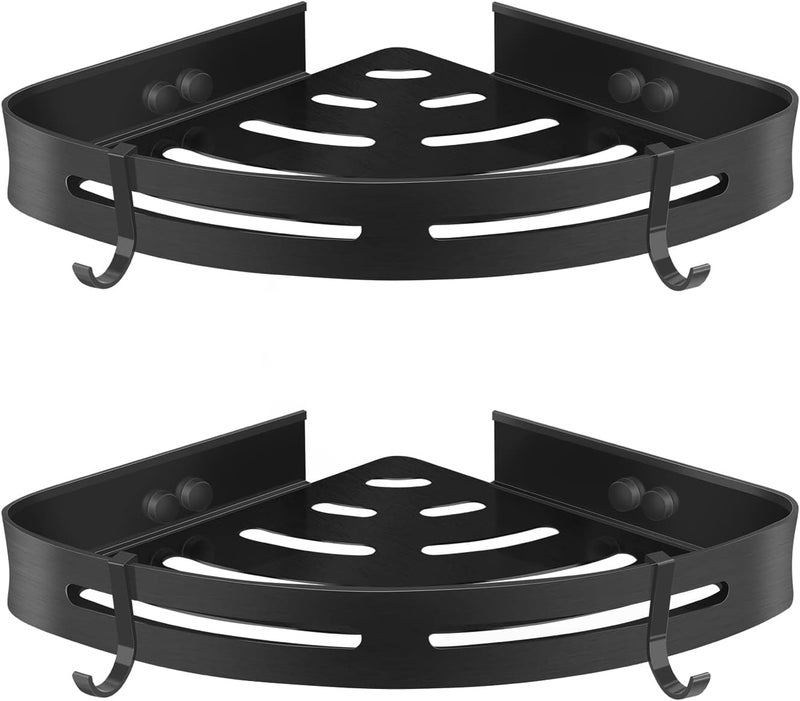 PAXCOO PAXCCO 2pcs Triangle Corner Self Adhesive Bathroom Wall Corner Shelf/Aluminium Wall Mounted Rack for Kitchen/Living Room with Removable Hooks & Magic Stickers/Bathroom Accessories - Image 1