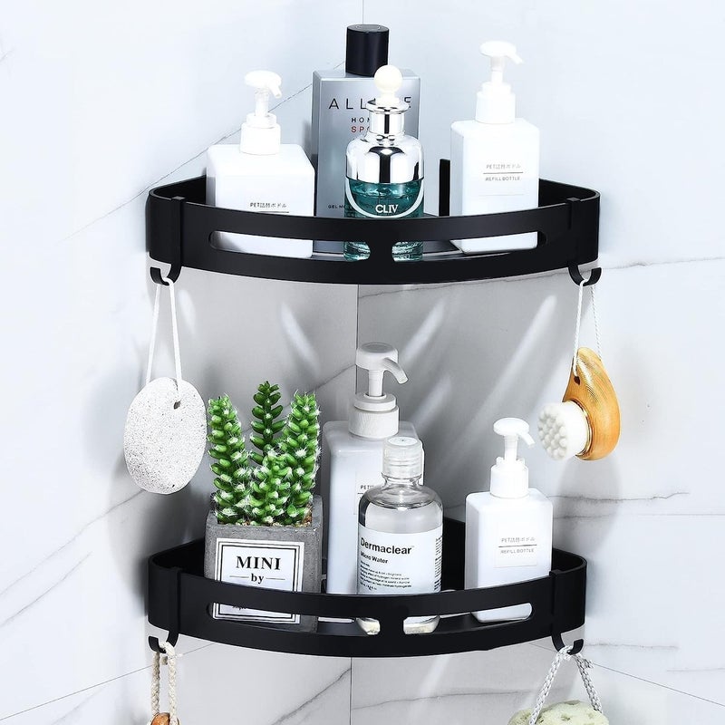 PAXCOO PAXCCO 2pcs Triangle Corner Self Adhesive Bathroom Wall Corner Shelf/Aluminium Wall Mounted Rack for Kitchen/Living Room with Removable Hooks & Magic Stickers/Bathroom Accessories - Image 5