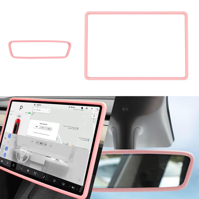 Yeapop 2Pcs Silicone Protector Frames of Screen and Rear View Mirror for Tesla Model 3 20172023 and Model Y 2019Feb2025 Pink