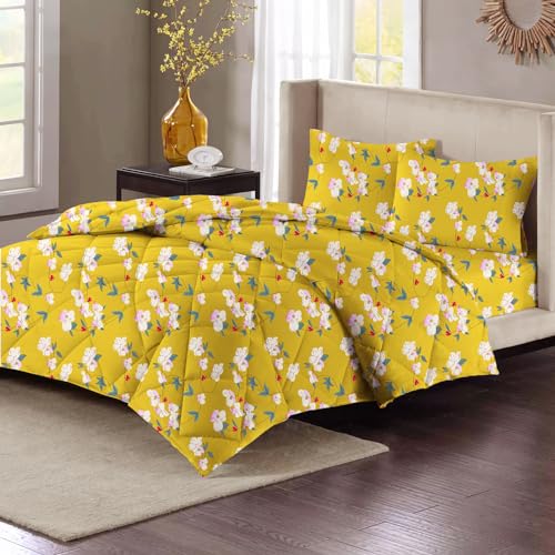 VAS COLLECTIONS Microfiber 220 GSM Glace Cotton AC Comforter Set King Size Double Bed with Flat Bedsheet 90x100 inch and 2 Pillow Covers | 4 Piece Bedding Set - Yellow with White Pink Leaf - Image 1