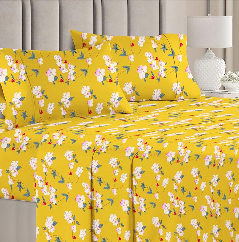 VAS COLLECTIONS Microfiber 220 GSM Glace Cotton AC Comforter Set King Size Double Bed with Flat Bedsheet 90x100 inch and 2 Pillow Covers | 4 Piece Bedding Set - Yellow with White Pink Leaf - Image 2