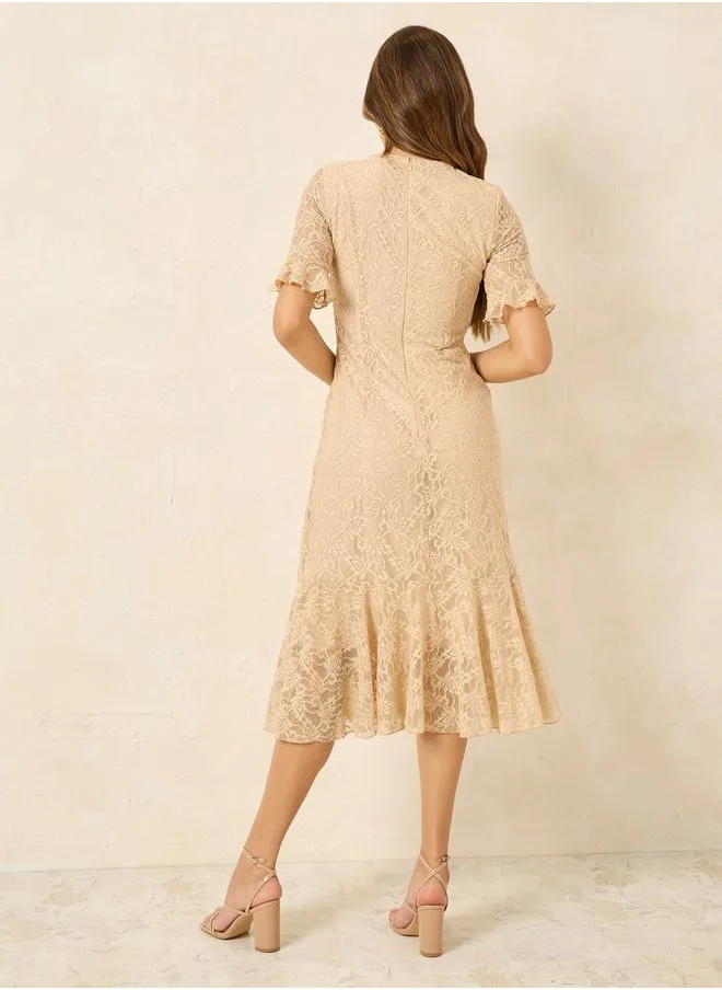 Styli Lace Flounce Midi Dress