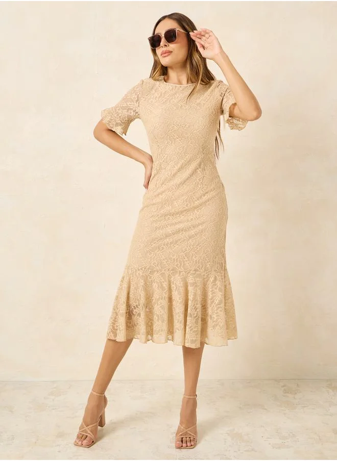 ستايلي All Over Lace Round Neck A-line Midi Dress