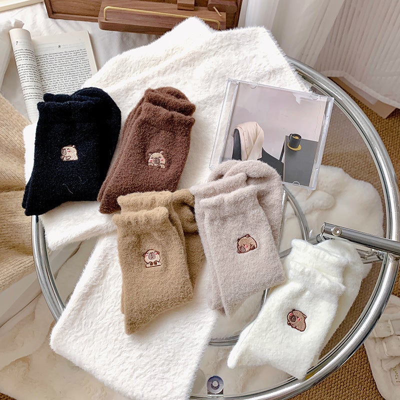 Kapibala Socks Women Fleece-Lined Thick Warm Home Socks Cute White Furry Baby Socks Zhuji - Image 2