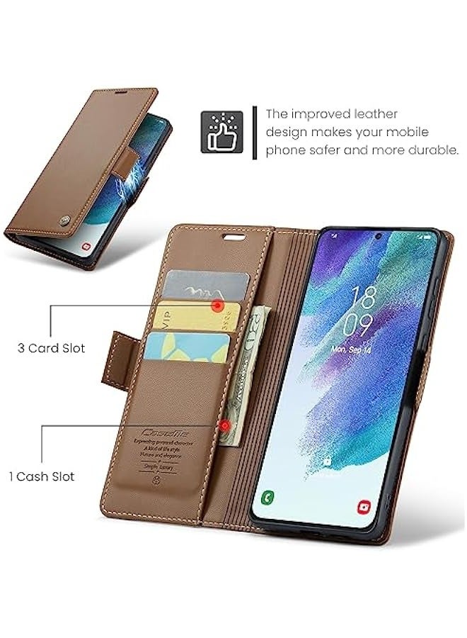 حافظة جلدية قابلة للطي بني لهاتف Samsung Galaxy S21 FE 5G 6.4 بوصة مع حامل بطاقات يمنع RFID وحامل مغناطيسي للوقوف - Image 4