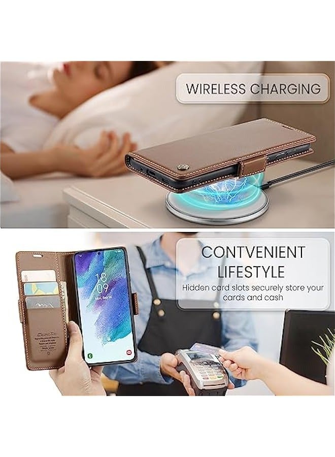 حافظة جلدية قابلة للطي بني لهاتف Samsung Galaxy S21 FE 5G 6.4 بوصة مع حامل بطاقات يمنع RFID وحامل مغناطيسي للوقوف - Image 5