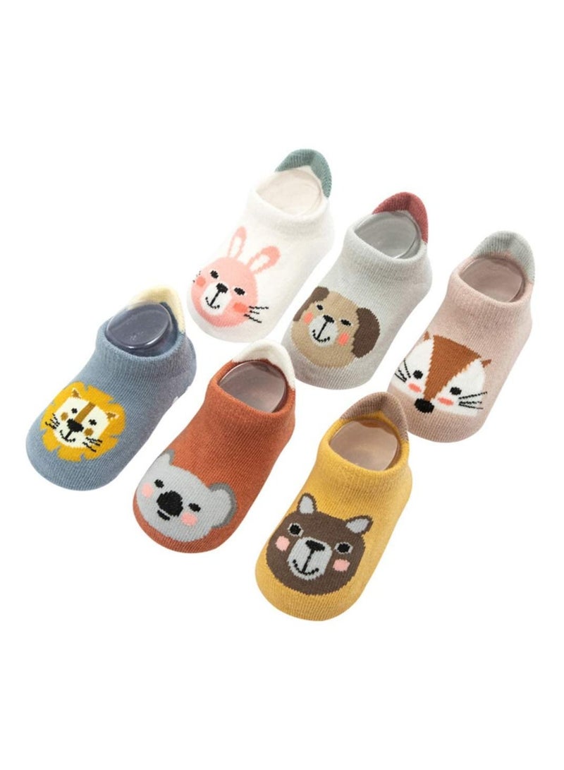 SYOSI 6 Pairs Baby Non Slip Warm Socks Grip Cotton Cartoon Animal Ankle Socks with Non Skid Soles for Newborn Toddler Boy Girl  - Image 1