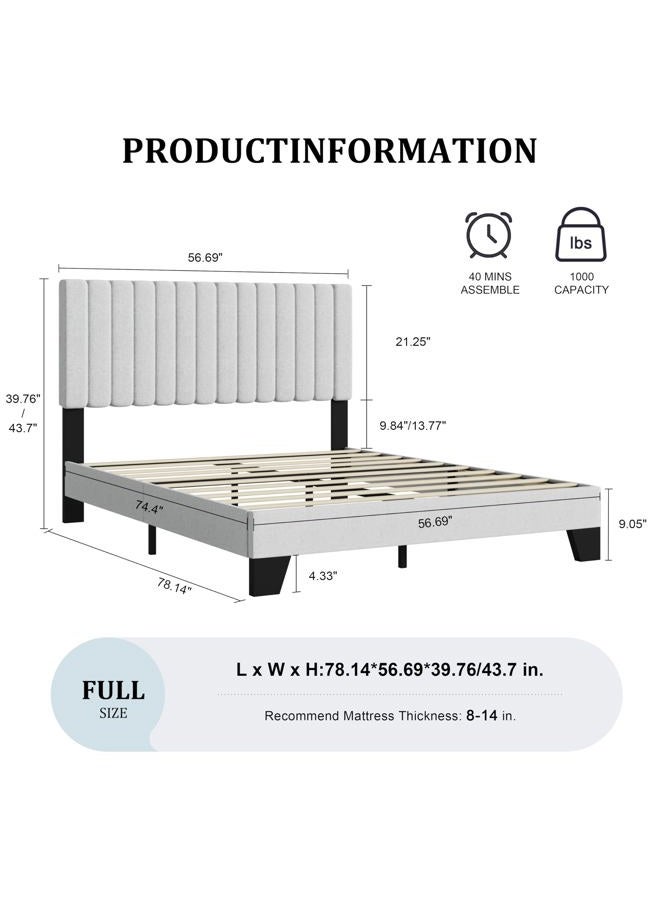 IOILORI Full Size Bed Frame, Fabric Upholstered Platform Bed with Adjustable Headboard, Sturdy Frame and Wooden Slats, Noiseless, No Box Spring Required, Easy to Assemble, Light Grey - Image 2