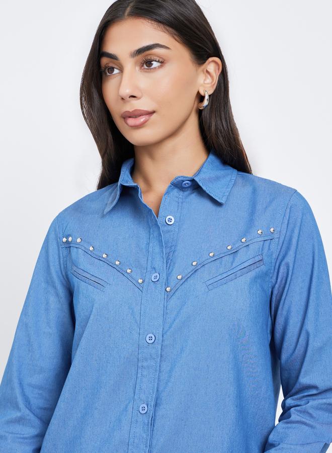 Styli Blue Studded Detail Long Sleeve Denim Shirt - Image 4