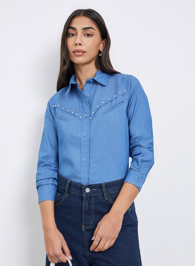 Styli Blue Studded Detail Long Sleeve Denim Shirt - Image 1