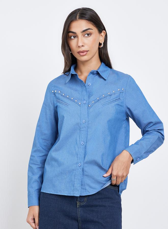 Styli Blue Studded Detail Long Sleeve Denim Shirt - Image 3