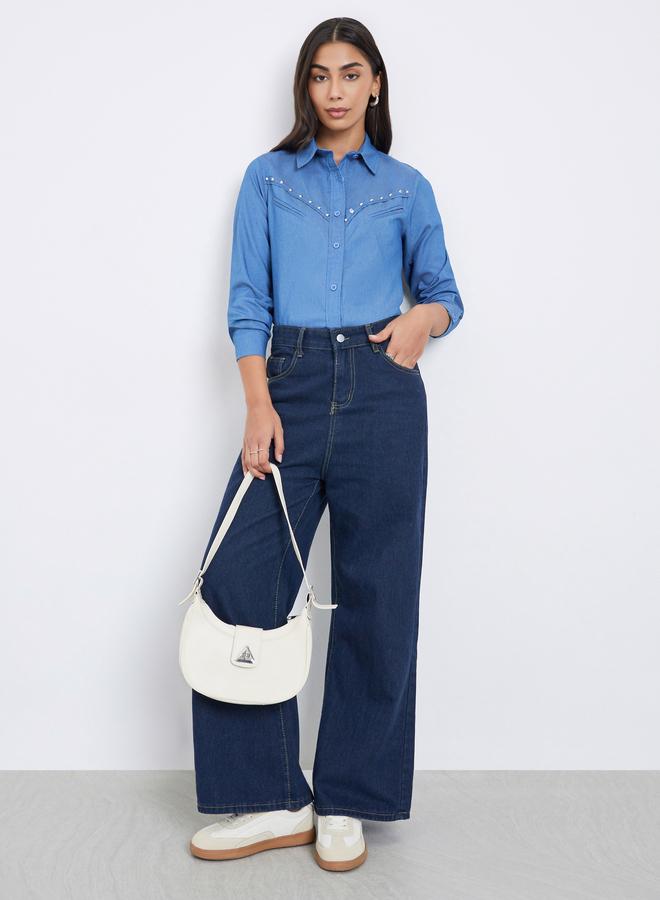 Styli Blue Studded Detail Long Sleeve Denim Shirt - Image 2