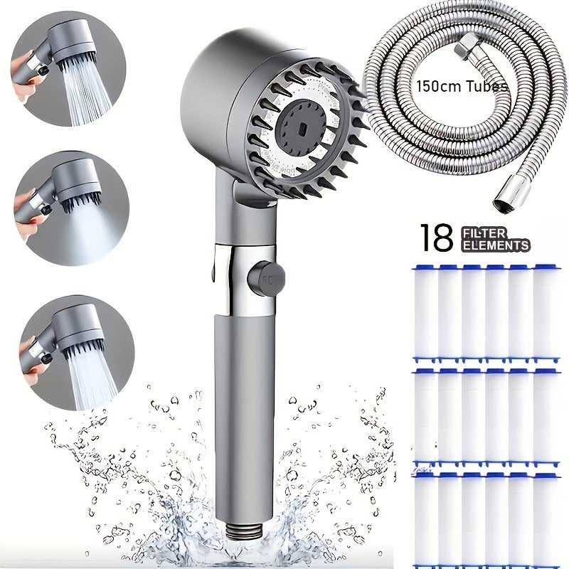 LDQ 3-Mode Massage Showerhead with Filter Function, 18 Replacement Filters, Wall-Mounted, No Electricity Needed, Modern Bathroom Accessory, High-Quality Material, Polished Finish, Round Shape, ABS Durable, for Shower Use