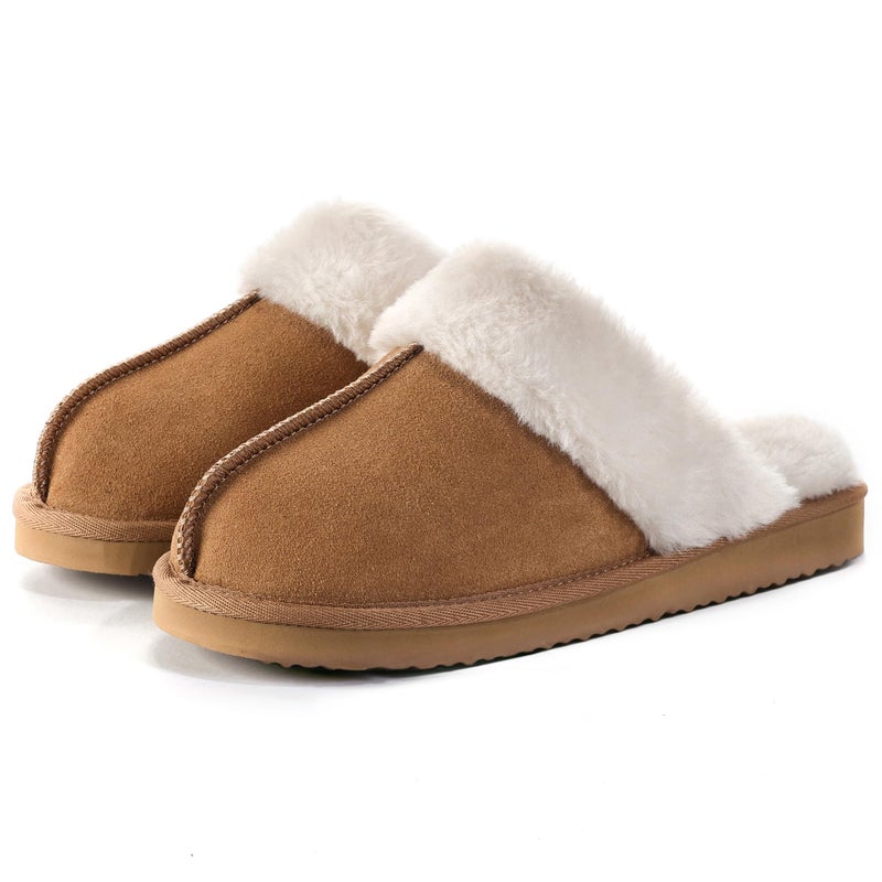 OOW Fuzzy Slippers for Women Cozy Faux Fur House Shoes Winter Warm Memory Foam Slippers for Indoor and Outdoor Chestnut Size 7.5 - Image 1