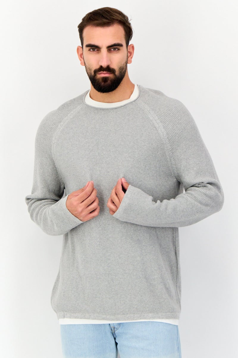 Celio Men Crew Neck Textured Sweaters, Grey - Image 1