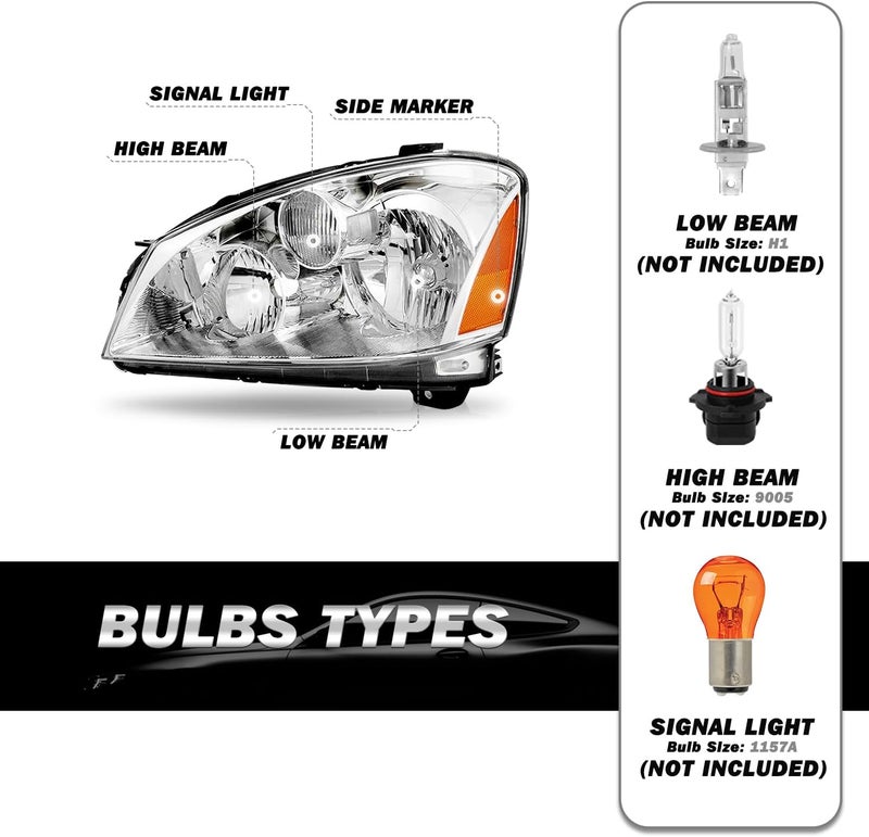 SOCKIR Headlight Assembly Pair for 2005-2006 Nissan Altima 4-Door Sedan Halogen Headlamp (Chrome) - Image 2